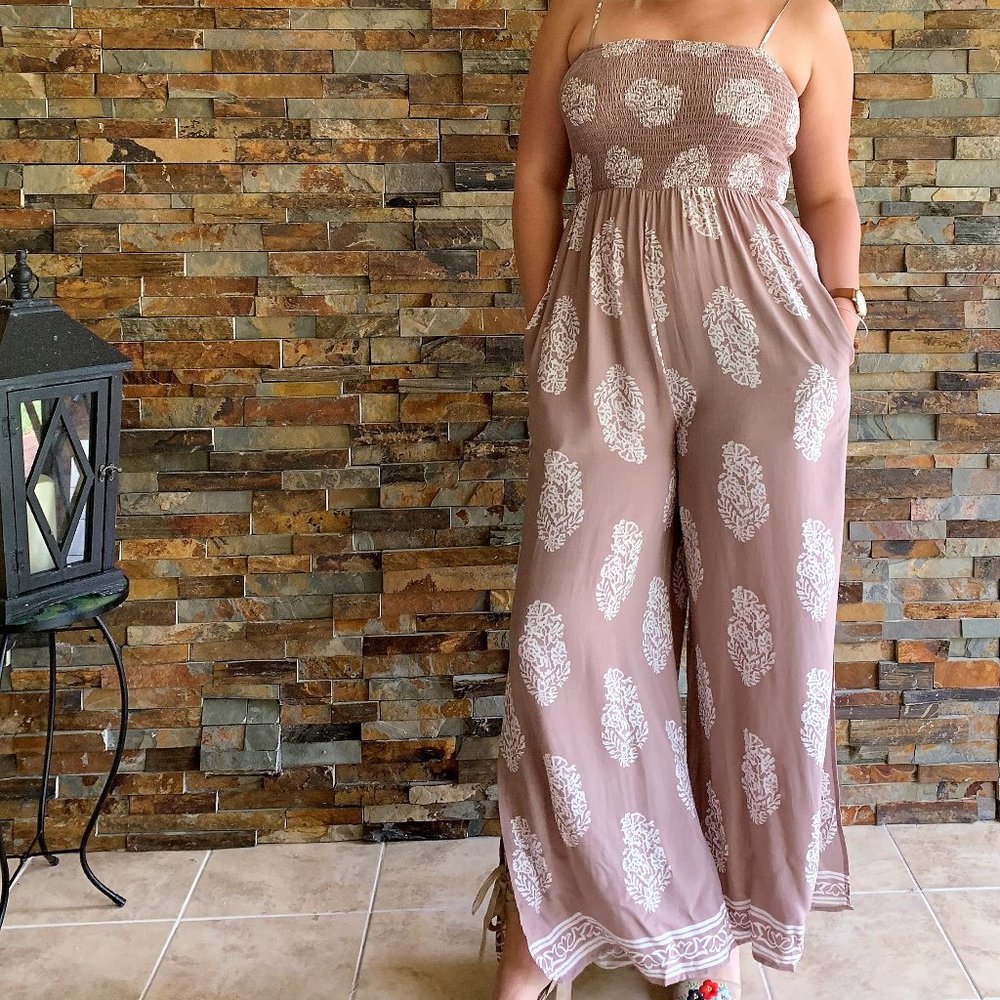 BOUTIQUE Boho Beige Smocked Jumpsuit - Picture 2 of 4